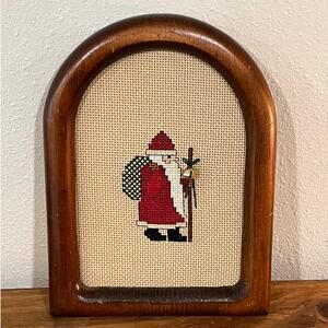 Vtg 1991 Handmade Cross Stitch Santa Framed Christmas Decor Primitive Folk Art